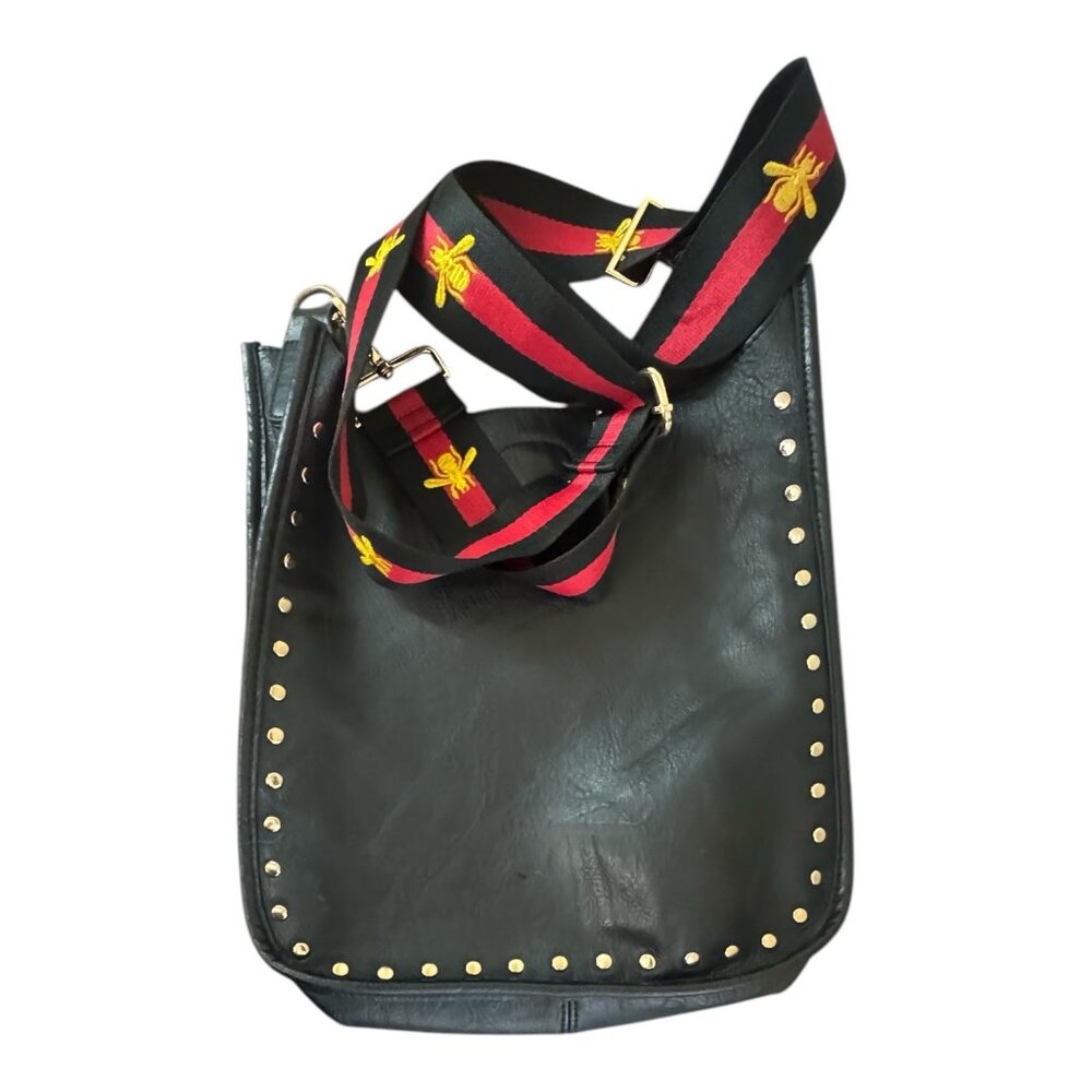Ahdorned Studded  Leather Messenger Bag Embroidered Bee Strap & Gold Hardware